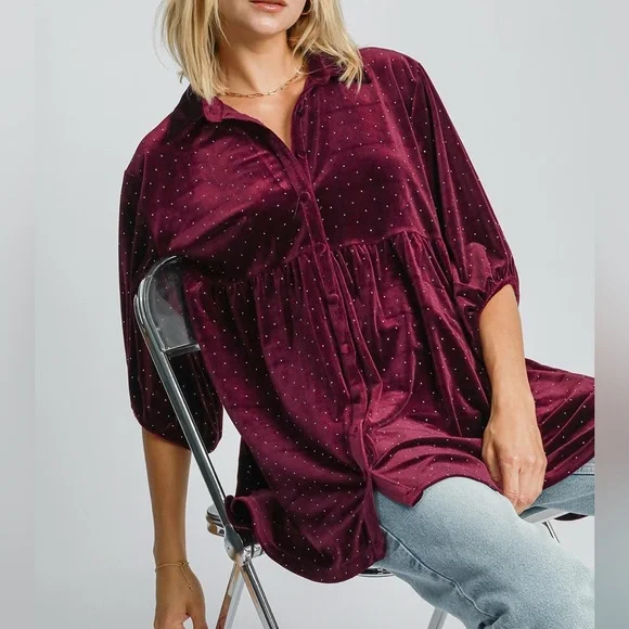 NWT Umgee PLUS + REG Size Red Polka Dot Button Down Babydoll Style Shirt Top - Picture 5 of 6